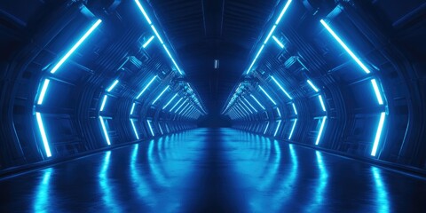 Poster - Abstract blue light tunnel with rays neon highlights and spotlights Dark empty scene featuring cold neon tones Symmetrical reflection and perspective 3D rendering