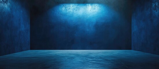 Aufkleber - Front view of a blue blank wall in a dark interior space featuring a concrete floor and neon lighting suitable for product presentation and stage backdrop 3D Rendering