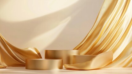Poster - Three podiums on a platform for cosmetic presentation featuring fluttering fabric in gold designed as a 3D render background illustration with geometric shapes ideal for product promotion and showc