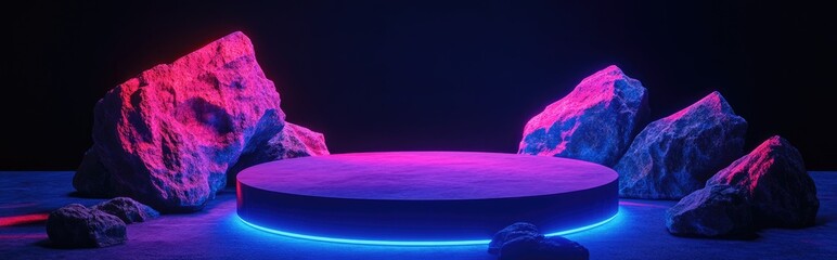 Poster - Podium against a dark backdrop with blue violet LED neon lighting 3D rendered illustration featuring an empty base or pedestal adorned with rocks and boulders Suitable technological background for