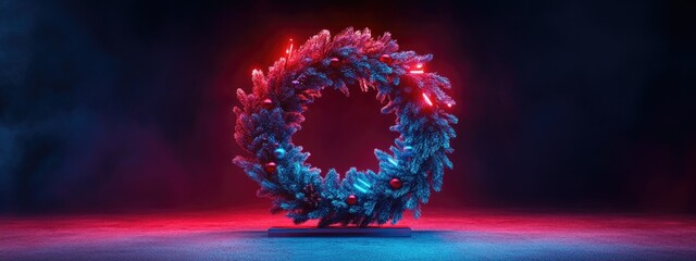 Poster - Festive display stand featuring a Christmas wreath with fir branches 3D rendering 3D illustration