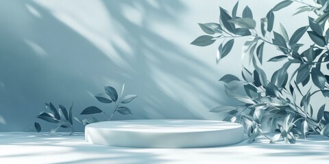 Poster - Subtle botanical backdrop with shadow play on the surface ideal for framing covers cards or postcards Display platform featuring elegant showcase on a soft pastel background for high end products