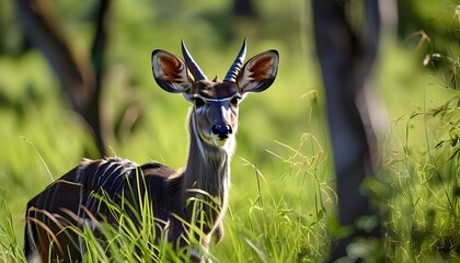 Majestic Mountain Nyala Grazing Gracefully in Lush Green Grass