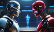 © Miklos - Two robots face each other in a futuristic setting, a blue robot figure standing between them