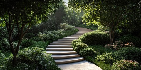 Wall Mural - Stone Steps Winding Through Lush Greenery in a Sun-Dappled Garden