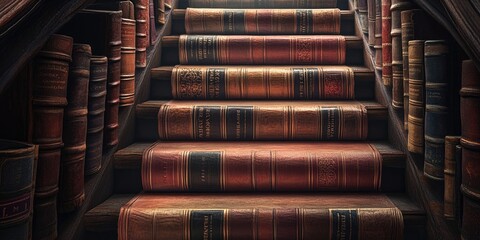 Poster - A Stairway of Ancient, Leather-Bound Books