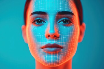 Poster - A futuristic portrait of a woman with a digital grid overlay, symbolizing technology and innovation in facial recognition.