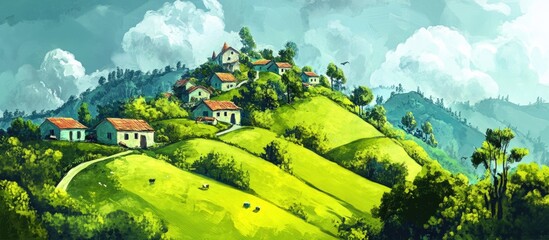 Wall Mural - Agricultural community nestled on a lush hillside