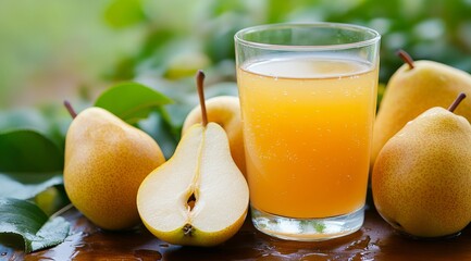 Wall Mural - Freshly squeezed pear juice served alongside whole and halved ripe pears with green leaves