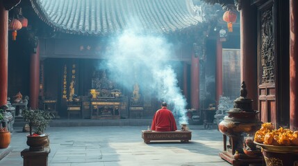 Wall Mural - Ancient Taoist Temple with a Priest Performing a Traditional Ceremony