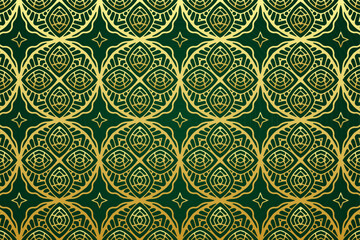 Wall Mural - Embossed green background, tribal design cover, banner. Geometric gold exotic pattern in stained glass style. Ethnic ornaments, mandala, arabesque. Traditions of the East, Asia, India, Mexico, Aztec