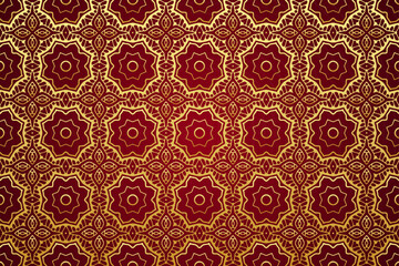 Wall Mural - Embossed red background, tribal design cover, banner. Geometric golden floral pattern in stained glass style. Ethnic ornaments, mandala, arabesque. Traditions of the East, Asia, India, Mexico, Aztec