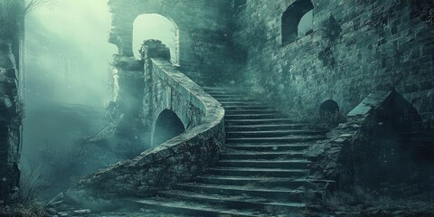 Canvas Print - Stone Steps Leading Upwards in a Foggy, Ruined Castle