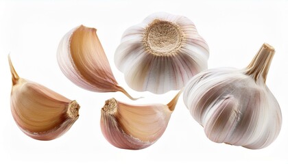 Falling garlic, isolated on white background, full depth of field
