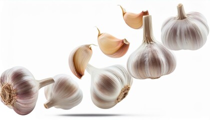 Wall Mural - Falling garlic, isolated on white background, full depth of field
