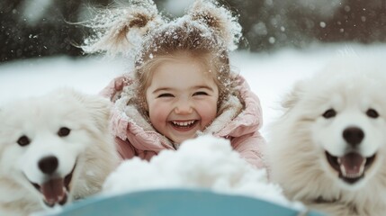 A happy young girl in a cozy pink jacket sledding with two excited white dogs in a snowy setting, capturing the sheer joy and excitement of winter activities.