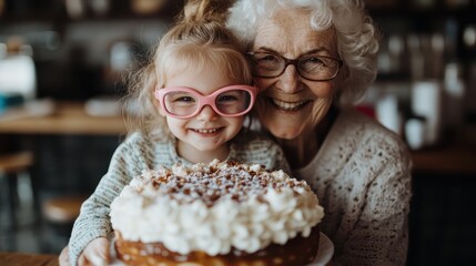 An elderly woman and her young grandchild, both wearing glasses, beam with joy while holding a beautifully decorated cake, exemplifying family bonds and joyous moments.