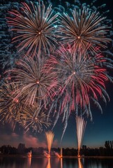 Wall Mural - A spectacular finale of fireworks, with layers of colors and light filling the sky over a lake