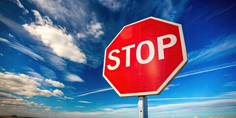 A bright red octagonal stop sign with white lettering and a reflective surface stands alone against a clear blue sky with a few wispy clouds.