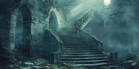 Poster - Stone Staircase Leading Upward in a Foggy, Overgrown Ruin