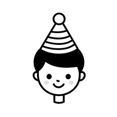 Wall Mural - Little kid boy in festive birthday hat on head line black icon isolated on white background. Party icon