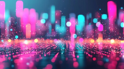 Vibrant abstract background featuring colorful bokeh lights in shades of pink and blue, creating a dynamic digital atmosphere.