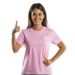 A woman showing a thumbs-up while wearing a breast cancer awareness T-shirt isolated on transparency background