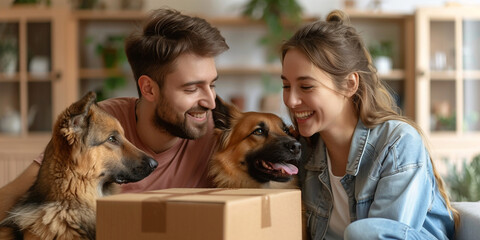 A cheerful couple is happily preparing their new home, surrounded by their two dogs and cardboard box. atmosphere is filled with joy and excitement as they arrange their belongings