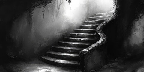 Wall Mural - A Monochromatic Illustration of a Stairway Leading to Light