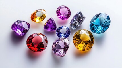 A collection of bright, colorful gemstones isolated on a clean white background, each gem sparkling.