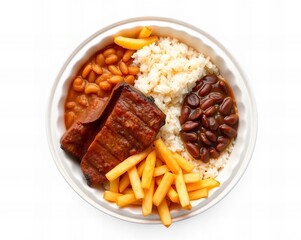 there is a plate of food with beans, rice, and meat.