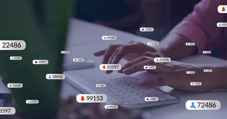 Poster - Animation of social media icons with numbers over african american woman typing on keyboard