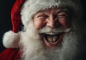 Wall Mural - Close-up portrait of Santa Claus laughing, happy mood, photography, high resolution, dark background, high details, professional color grading, cinematic lighting. 