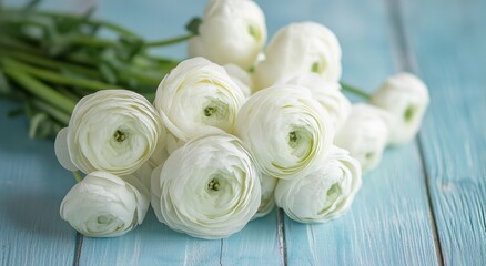 Canvas Print - A bouquet of white ranunculus flowers arranged on a rustic blue wooden surface