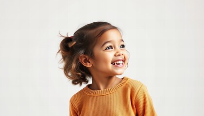 there is a little girl that is smiling and wearing a sweater.