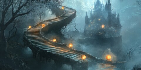 Wall Mural - A Winding Stone Stairway Leading to a Foggy Castle