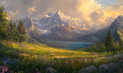 Wall Mural - Beautiful mountain scenery with a lake and wildflowers in the foreground.