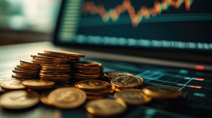 A pile of coins paired with a trading chart, symbolizing financial investments and the journey towards stock market success.