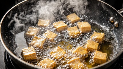 Deep-Fried Tofu in a Black Frying Pan