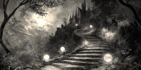 Wall Mural - Stone Steps Leading to a Dark, Mysterious Castle Under a Cloudy Sky