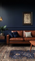 Poster - Cozy living room with leather sofa and elegant decor in a modern home interior