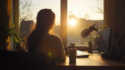 Morning light fills the room as a woman records her podcast,