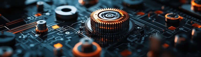 Detailed macro shot of a futuristic circuit board with metallic and orange elements, showcasing technology and innovation.