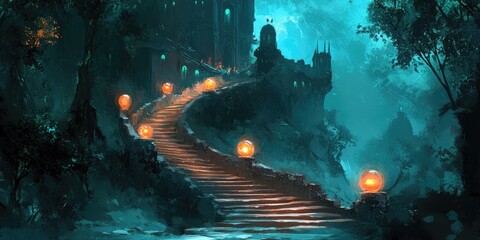 Poster - Stone Steps Leading to a Mysterious Castle in a Forest