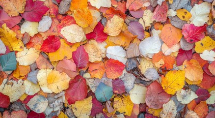 Sticker - Colorful autumn leaves cover the ground beneath birch trees in a vibrant forest setting