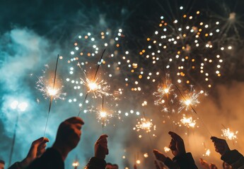 Wall Mural - Fireworks illuminating a festive scene, with people holding sparklers in the foreground, celebrating the New Year