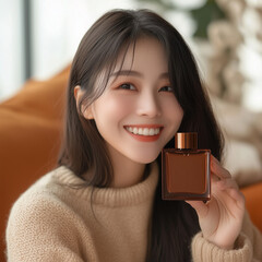 Canvas Print - A smiling Asian woman holding a square brown empty perfume bottle in her hand, mockup, Ai generated images