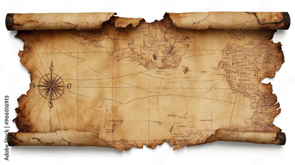 Vintage treasure map styled like an old pirate scroll, with torn edges ...