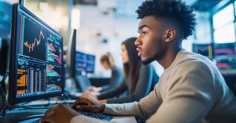 Aufkleber - female multiethnic software developer working on computer with two creative male colleagues. secure 
