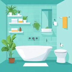 Poster - Modern Bathroom Interior with Tub, Toilet and Plants.